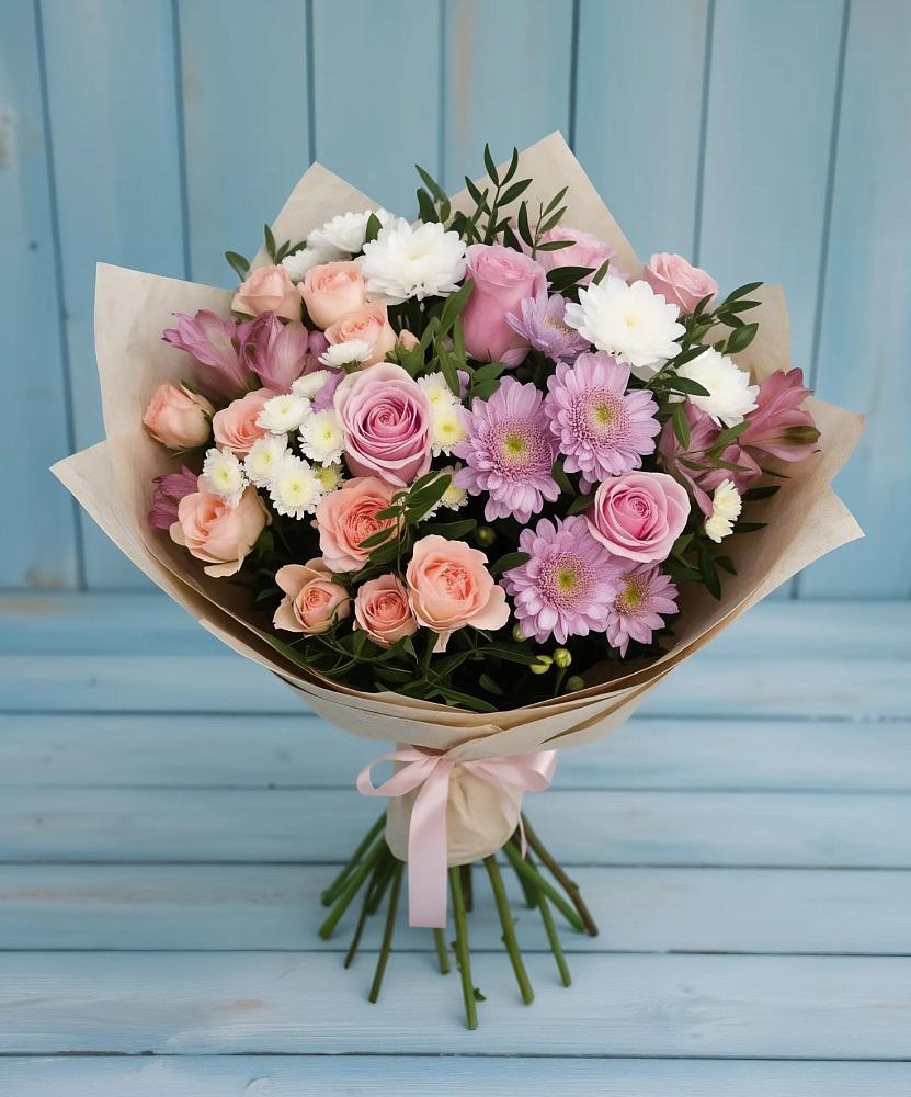 Букет цветов из: Хризантемы, Розы и Альстромерии в Каменоломни