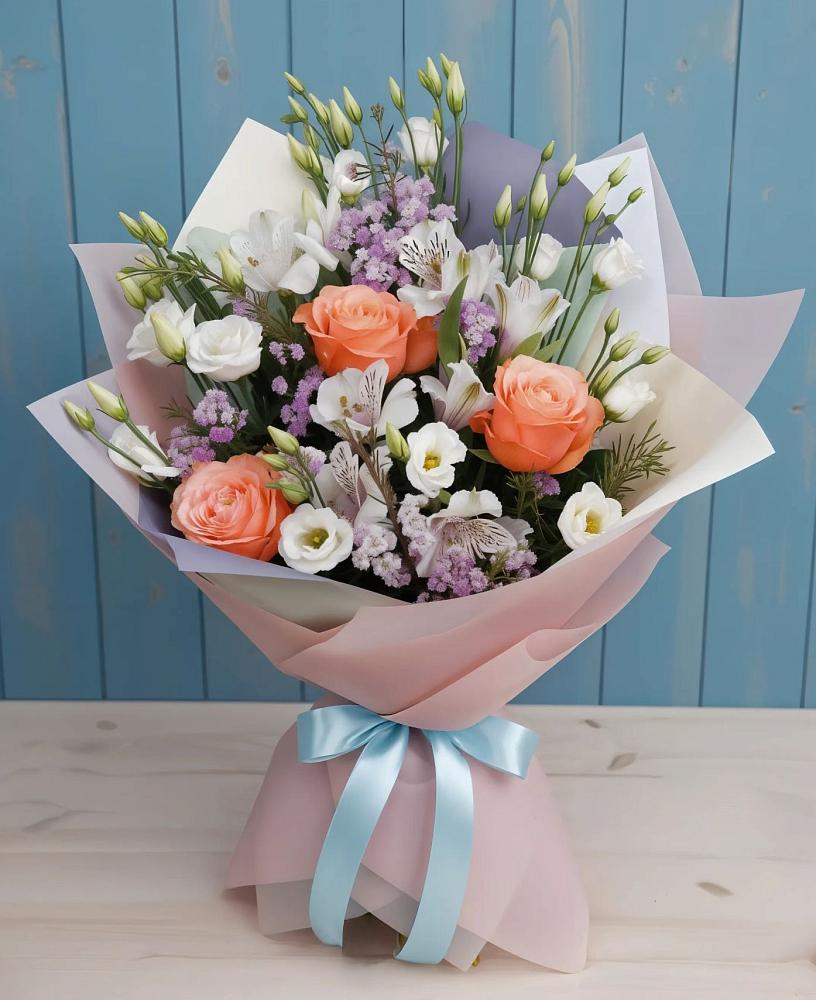 Букет цветов из: Лизиантусы, Розы, Альстромерии и Гипсофила в Каменоломни