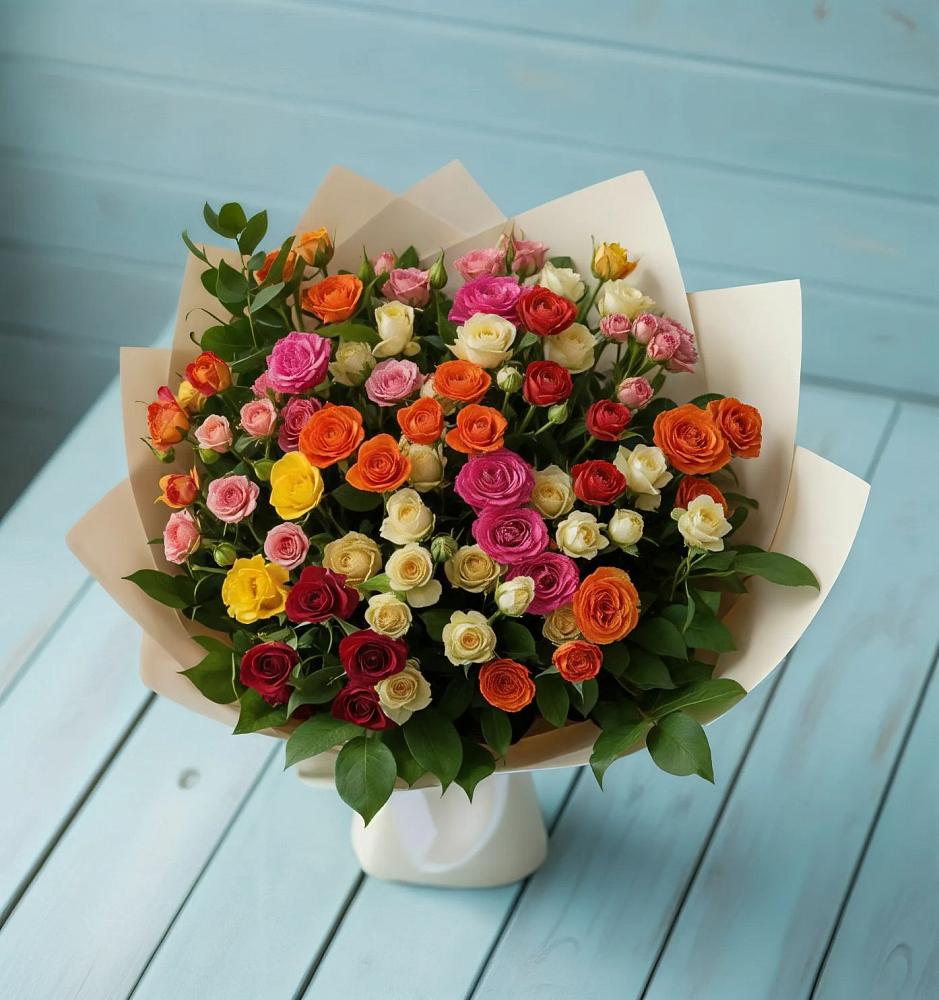 Букет Микс из разноцветных кустовых роз в Каменоломни