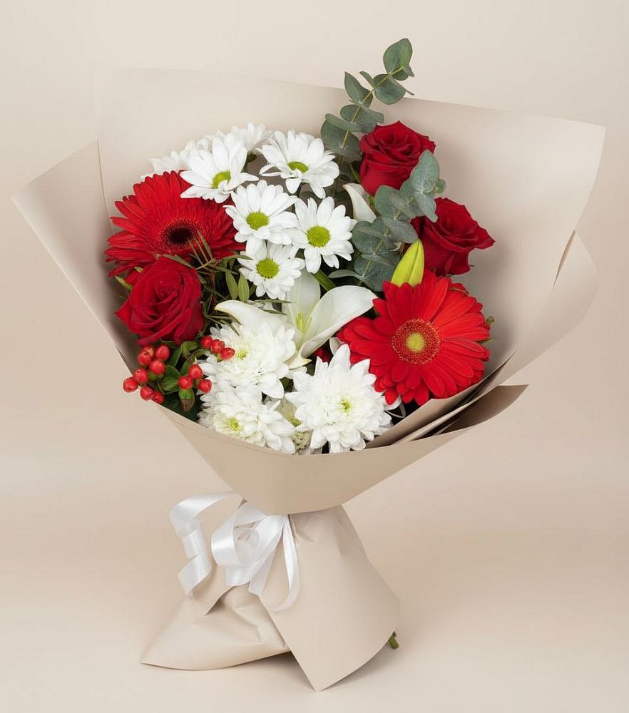 Букет цветов из: Розы, Хризантемы, Герберы и Лилии в Каменоломни