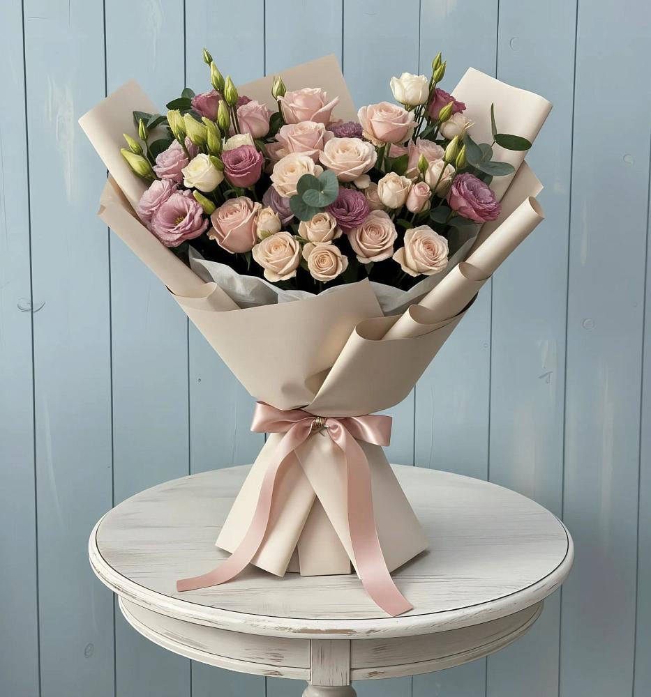 Букет цветов из: Розы и Лизиантусы в Каменоломни